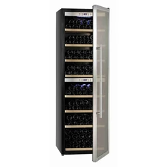 Kétszekciós borhűtő, fekete oldalborítás, rozsdamentes, dupla, sötétített üvegezésű ablak, 455 liter.