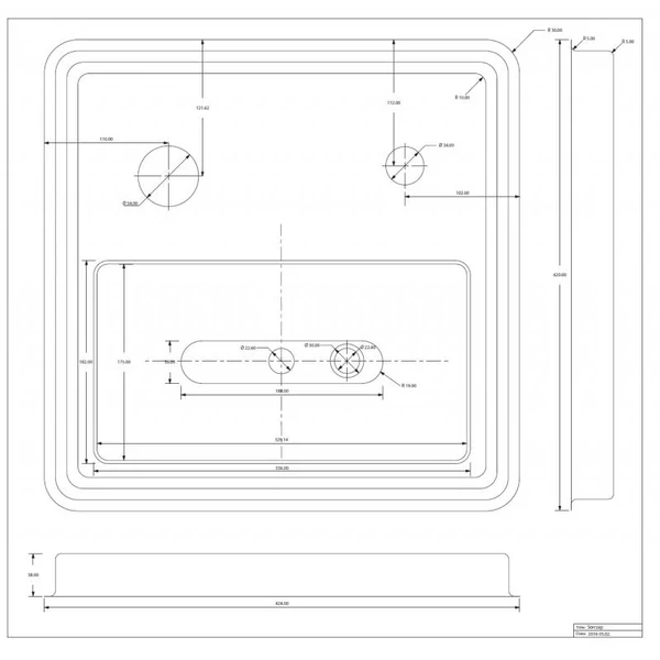 Csepptálca rozsdamentes anyagból 2 csapos toronyhoz, 422x422x38 mm