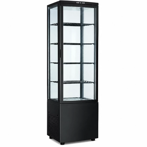 CL-238 fekete álló négyoldalú üveg hűtővitrin LED világítás, alkalmas kávézóba és cukrászdába